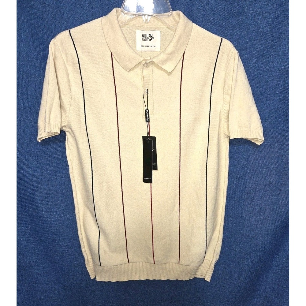 William Rast Men's Medium Knit Polo Sweater Shirt Cream Striped $98 MSRP NWT